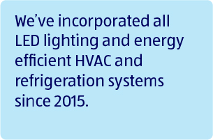 We've incorporated all LED lighting and energy efficient HVAC and refrigeration systems since 2015.